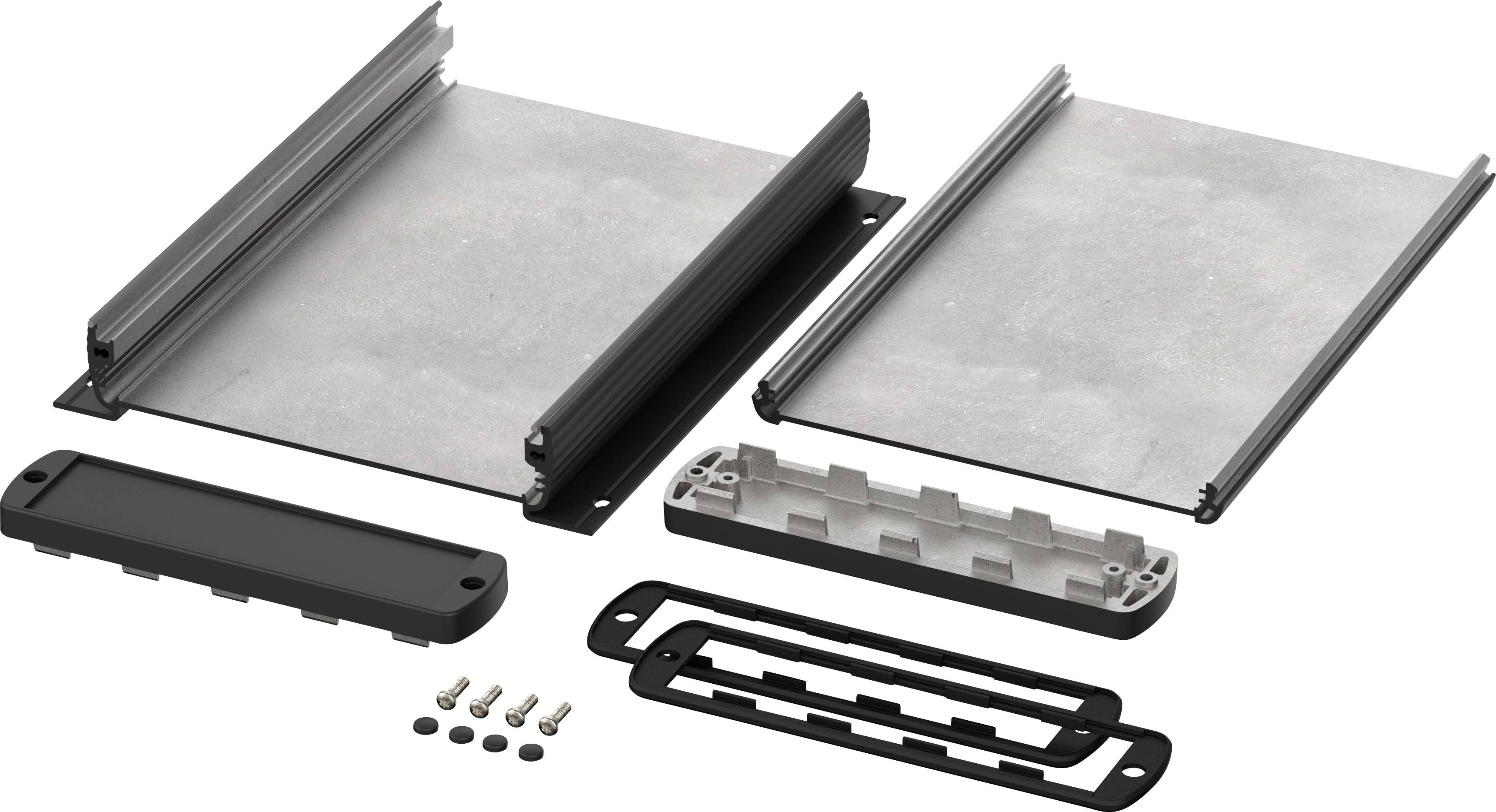 Disassembled metal and plastic casing with screws and covers. Components are organised and ready for assembly.