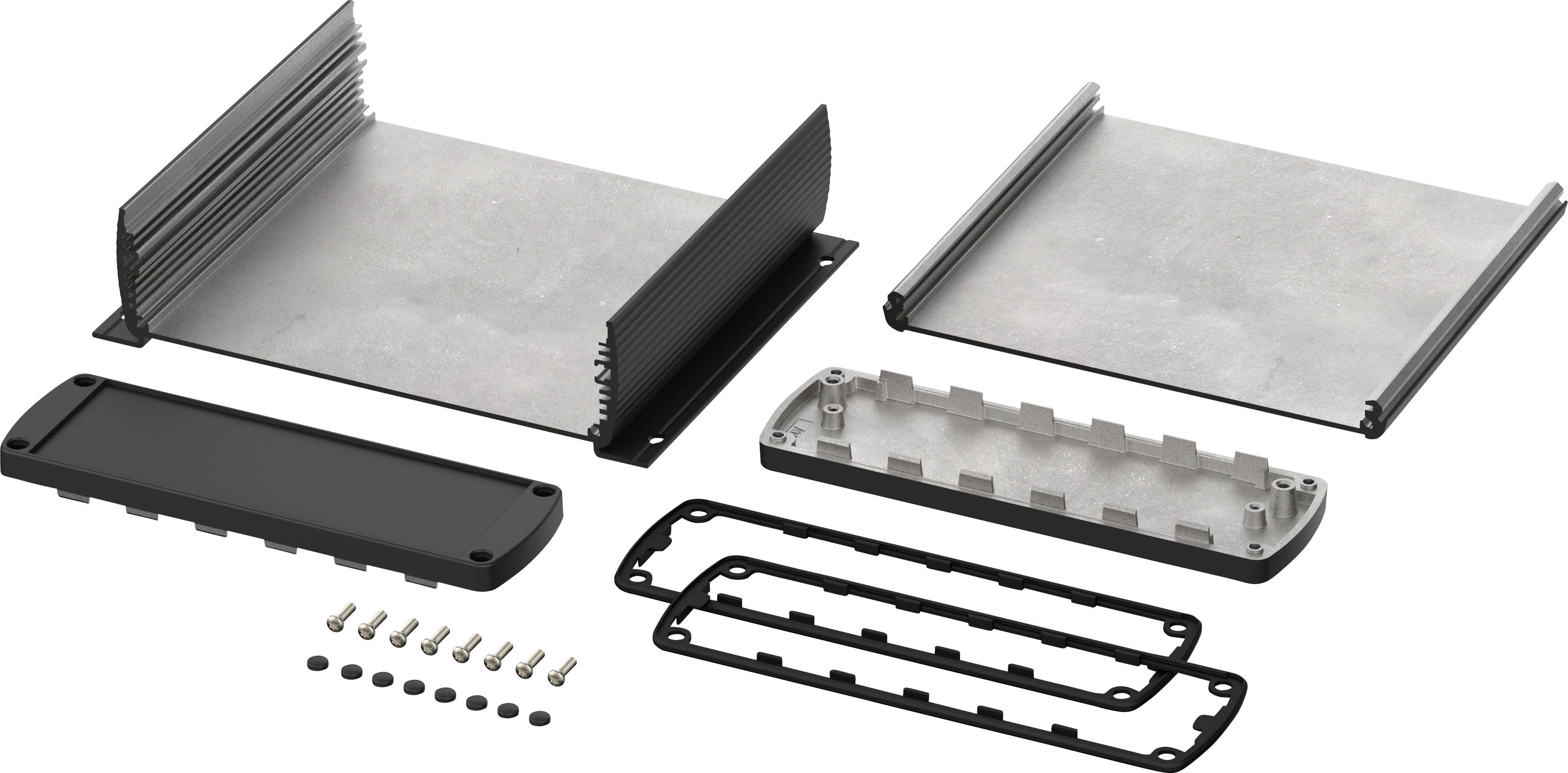 Metal enclosure in individual parts: two housing halves, two seals, base plate, screws and sealing rings, for electronic assembly.