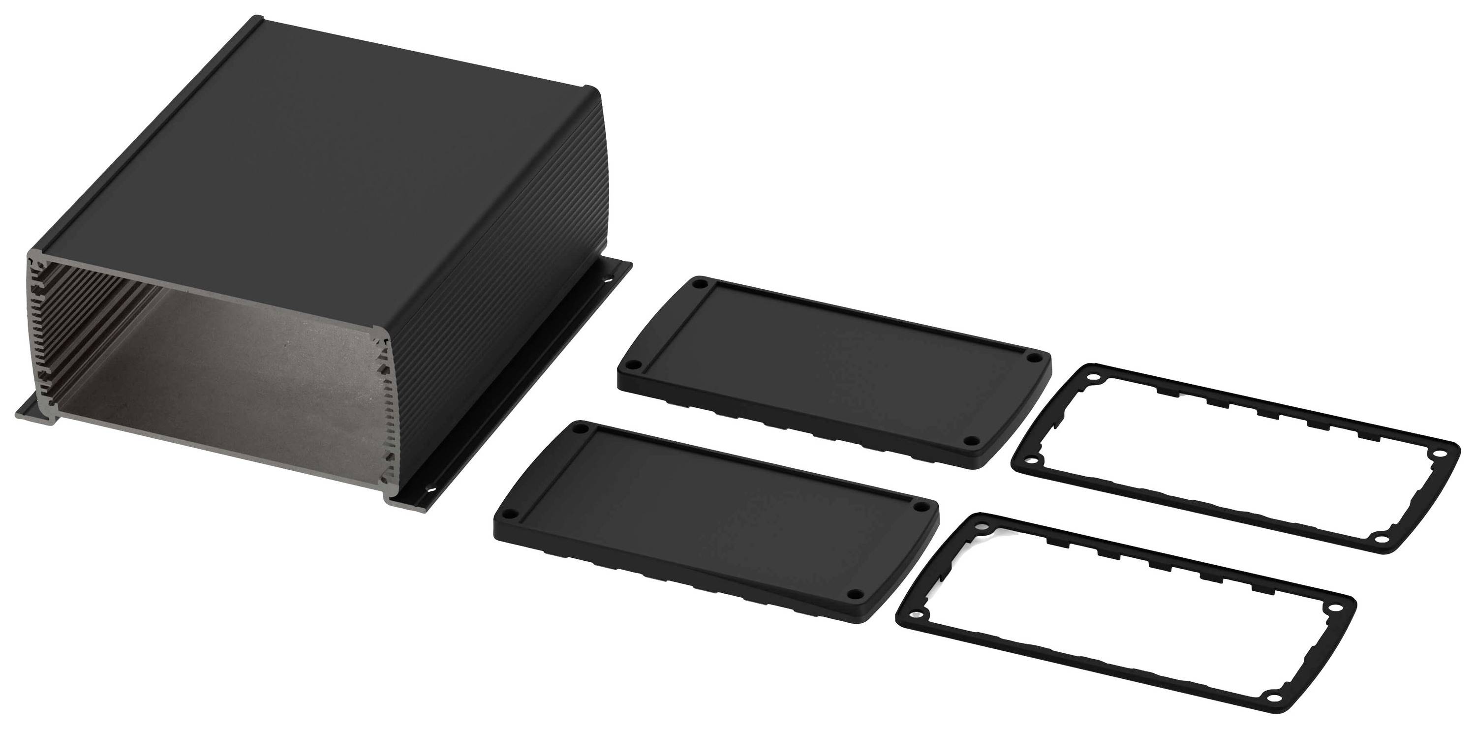 Black, rectangular aluminium enclosure with two removable side covers and matching seals, shown disassembled.
