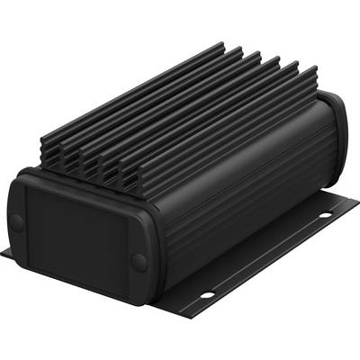 A black, rectangular heatsink with fins, mounted on a base plate. Used for heat dissipation in electronic devices.