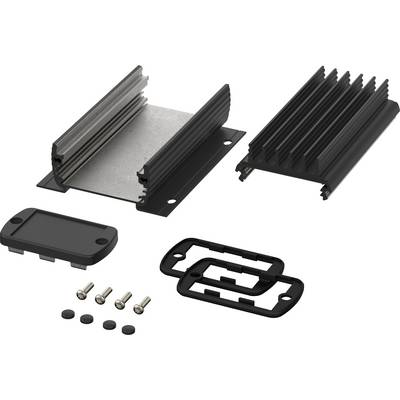 Several black aluminium heatsink components and accessories awaiting assembly. Screws and rubber pads are also included.