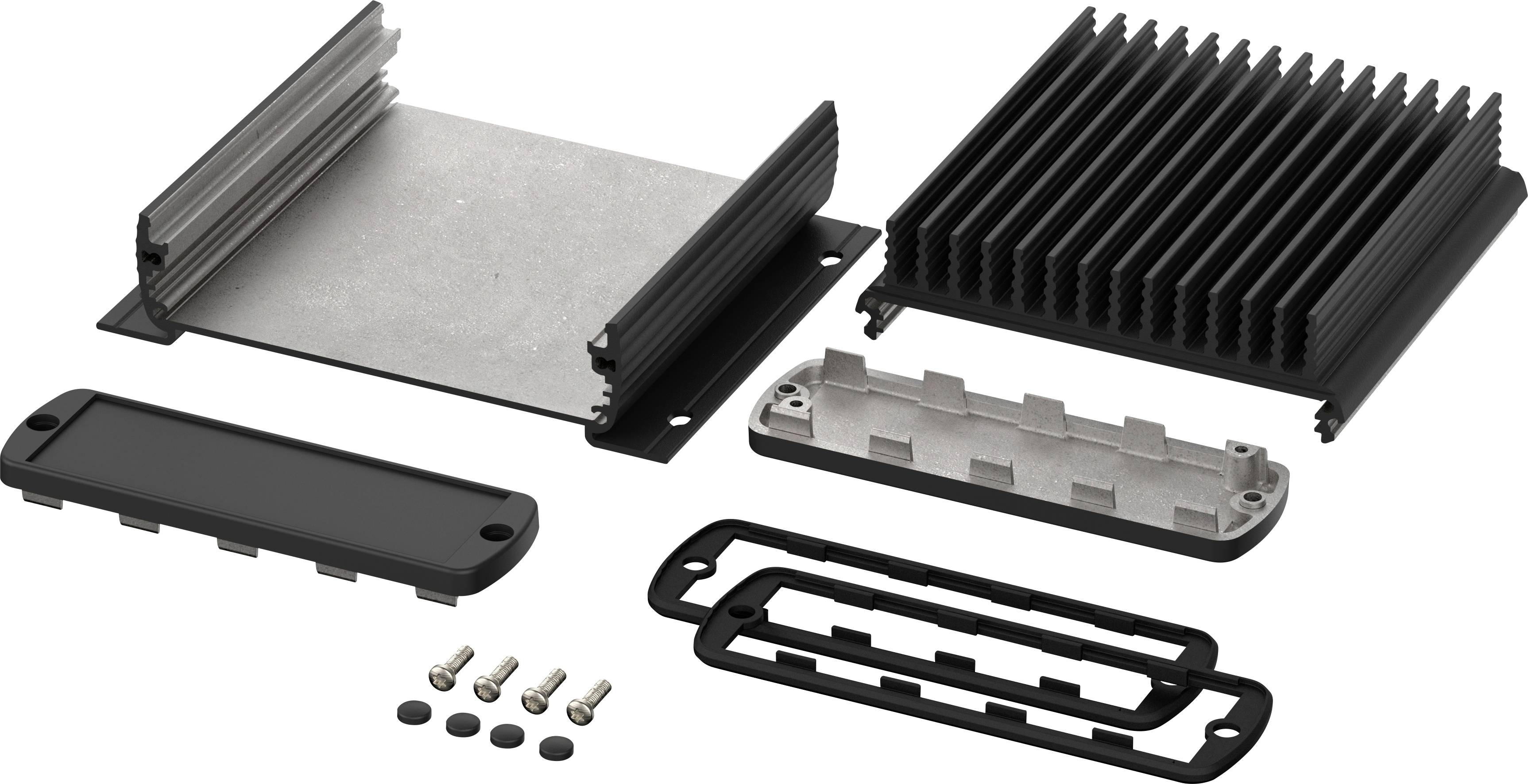 Aluminium enclosure kit with heat sinks, mounting plates and screws, fully disassembled, for electronic applications.