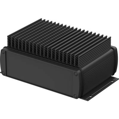 A rectangular black heat sink with fins for heat dissipation, mounted on a flat, metallic base.