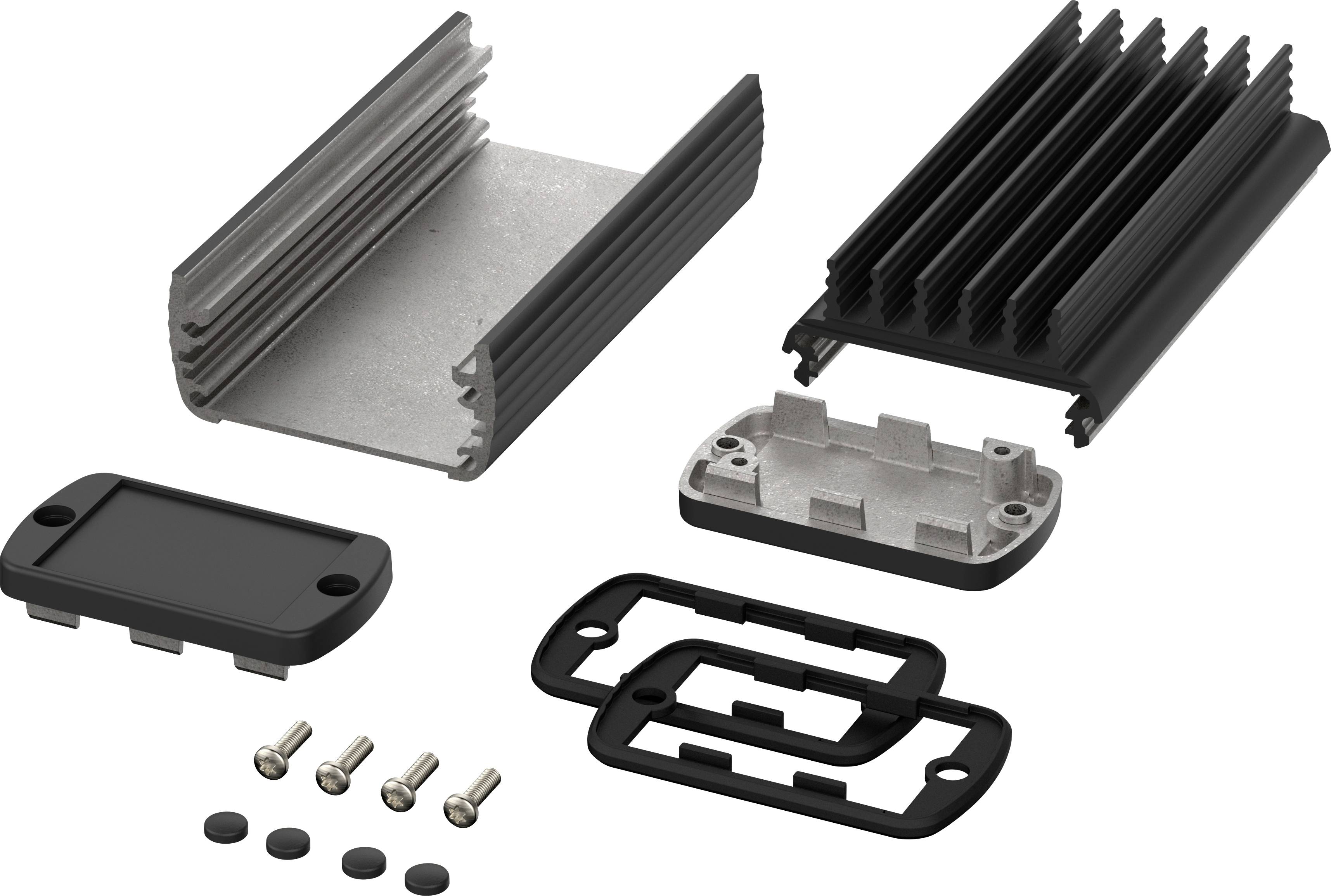 Exploded view of a housing with cooling fins, multiple screws, seals, and covers, showing the composition.