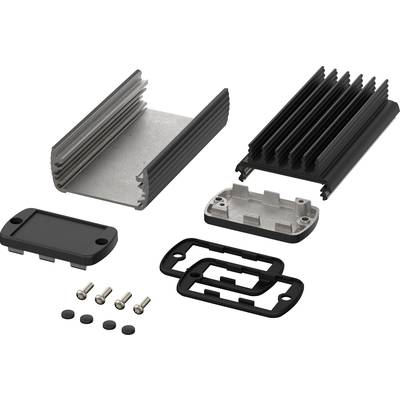 Exploded view of a housing with cooling fins, multiple screws, seals, and covers, showing the composition.