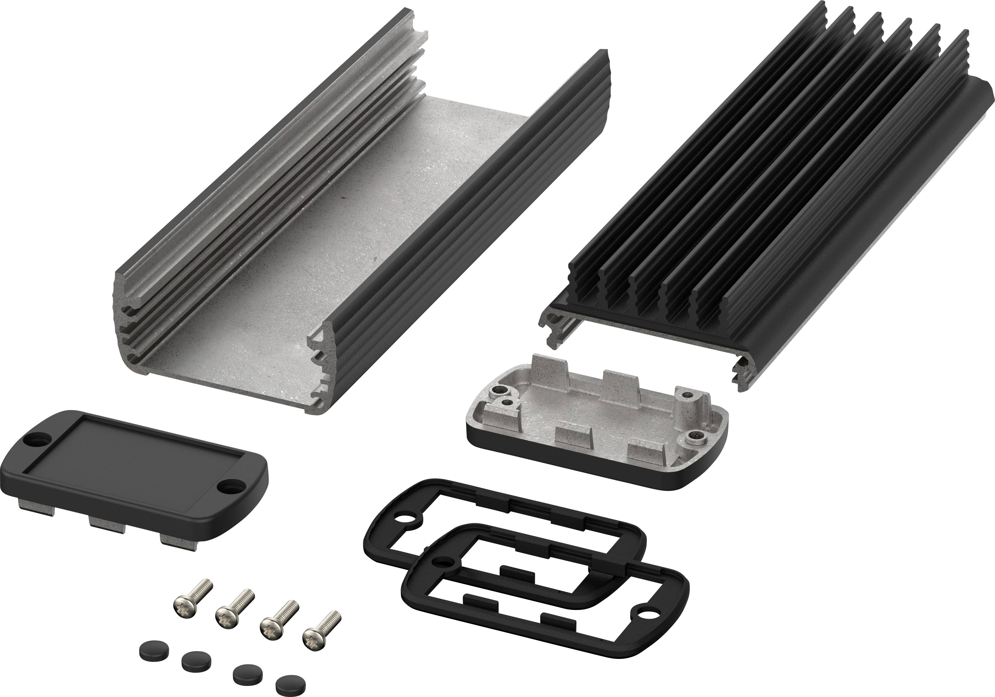 Disassembled metal and plastic housing set with screws and seals, suitable for electronic or device components.