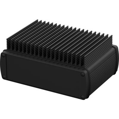 'Black electronic device with heat sinks, rectangular in shape, clearly designed for heat dissipation.'