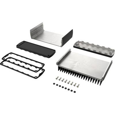 'Exploded view drawing of an electronic enclosure with heatsink. Shows enclosure components including lid, seal, screws and cooling fins.'