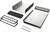 Metal plates, seals and screws on a white background; components for an industrial heat sink.