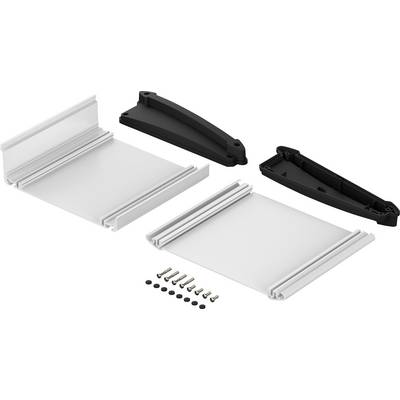 Four white plastic panels and two black connector pieces are lying with several screws on a surface.