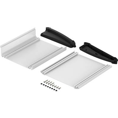 Two aluminium rails for mounting, with black plastic end caps and small screws and bolts in the centre.