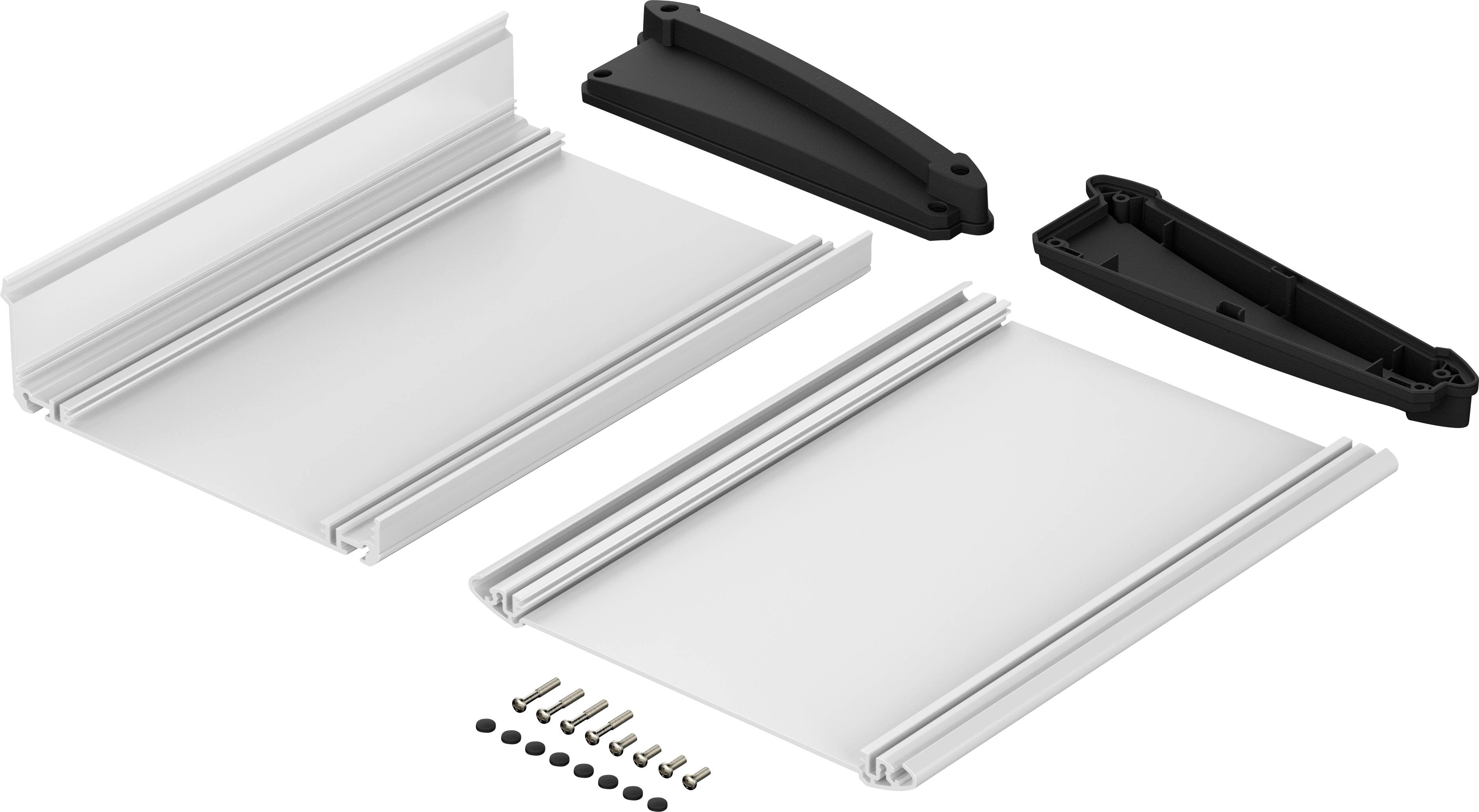 A mounting kit consists of two white plastic plates, two black plastic covers, and several screws and washers.