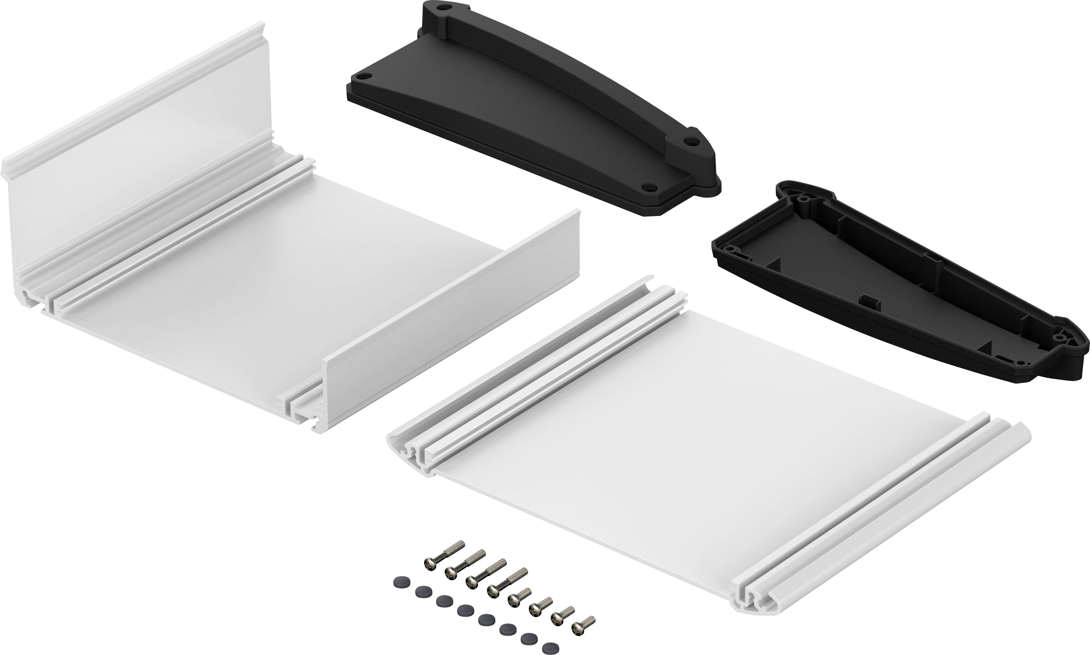 Several white and black plastic parts, two panels, screws and small round washers for assembling an enclosure.