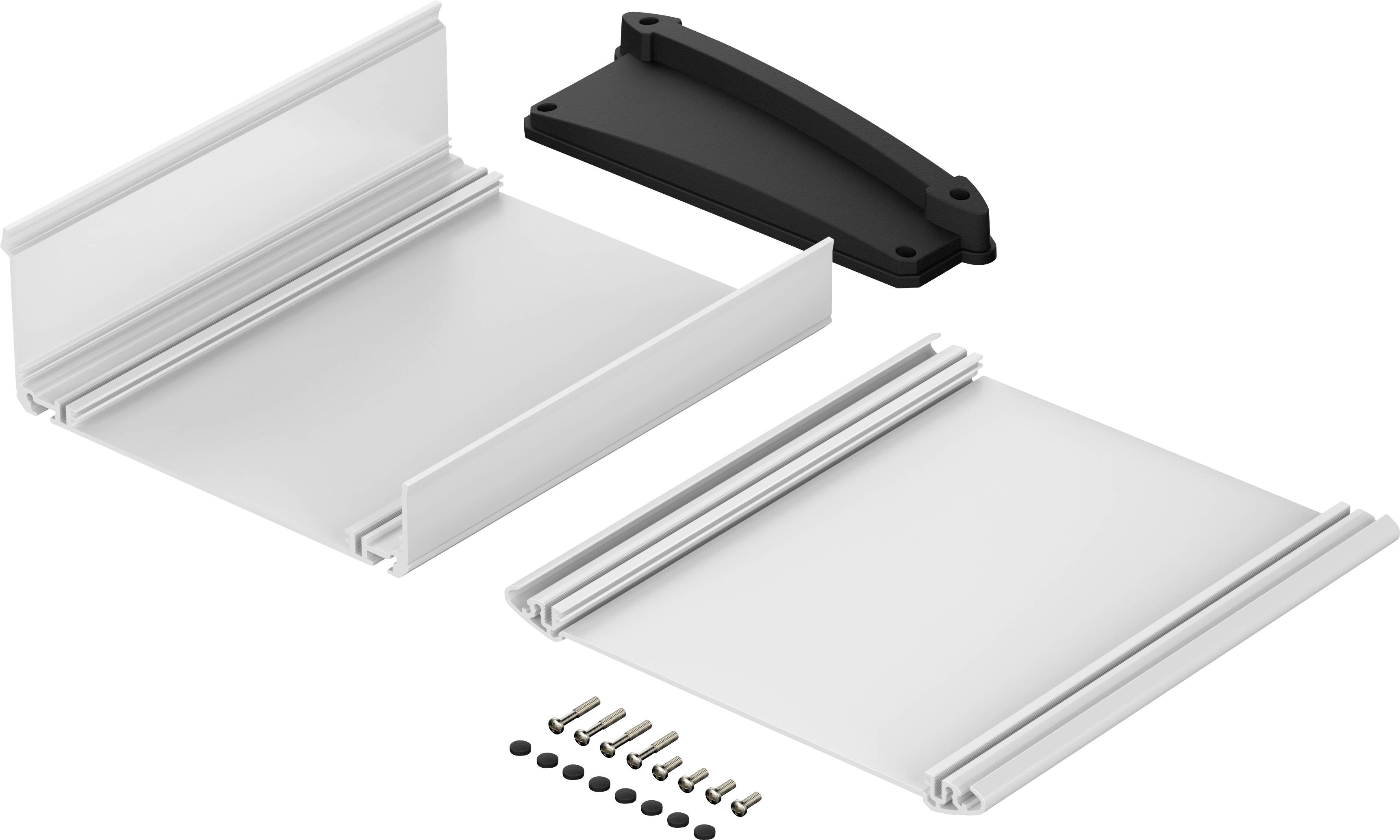 Component set consisting of two white plates with guide grooves, a black triangular mounting bracket, and screws with washers.