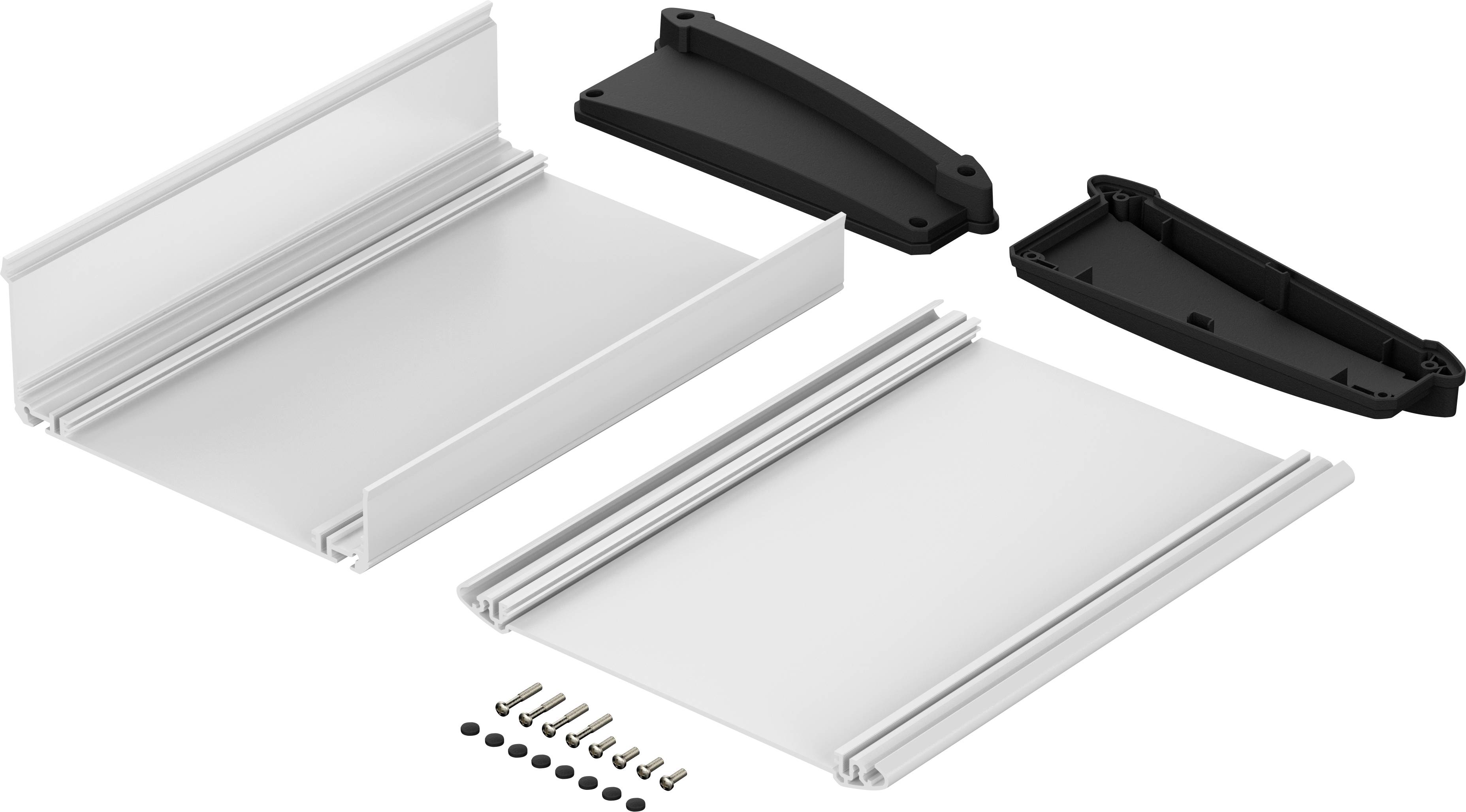 A set of mounting hardware for a shelf, comprising two white panels, two black brackets, screws, and small round washers.