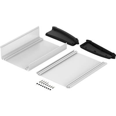 A set of mounting hardware for a shelf, comprising two white panels, two black brackets, screws, and small round washers.