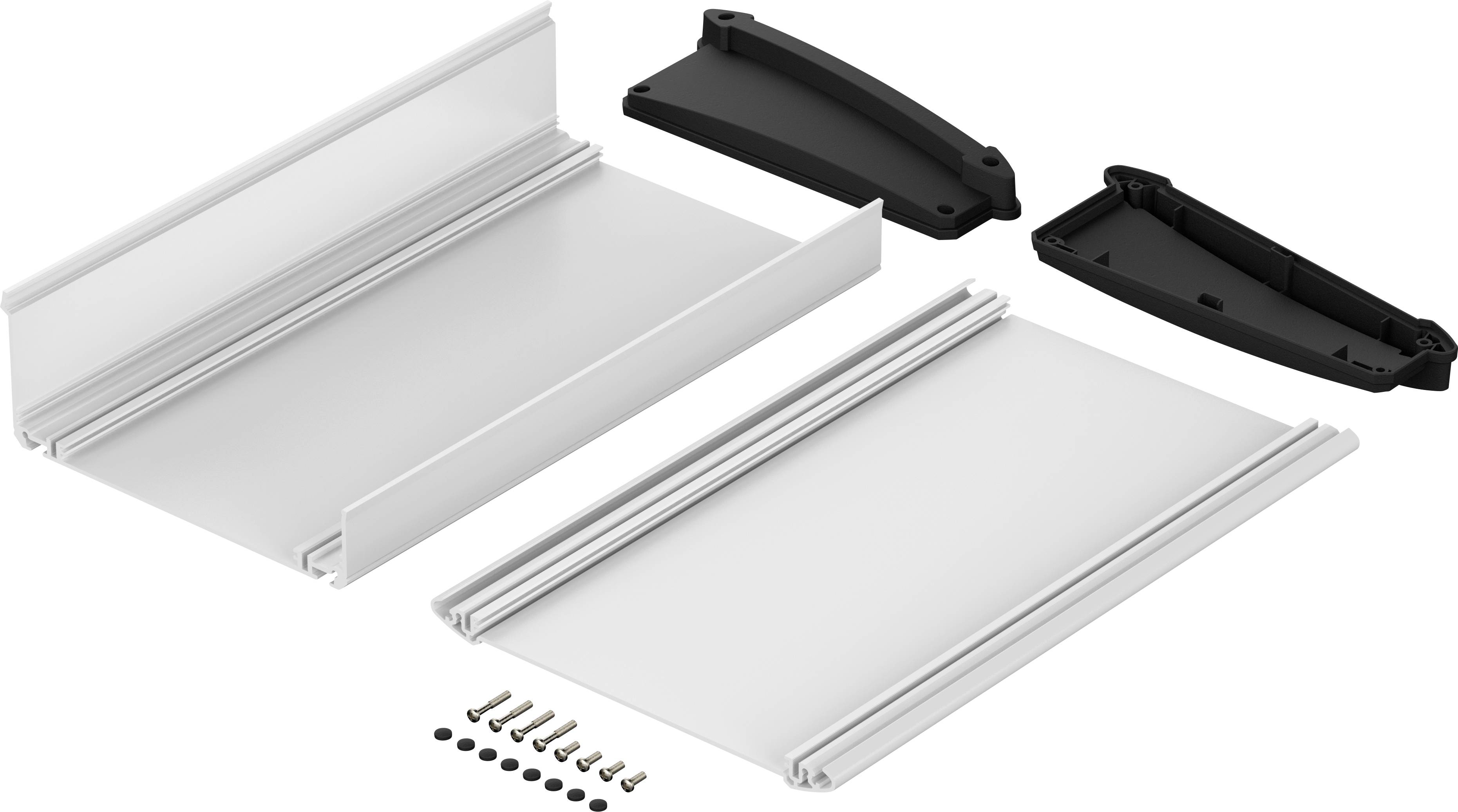 Two silver aluminium plates with side guide rails, black plastic covers and fixing materials, such as screws and pins, presented in one assembly.