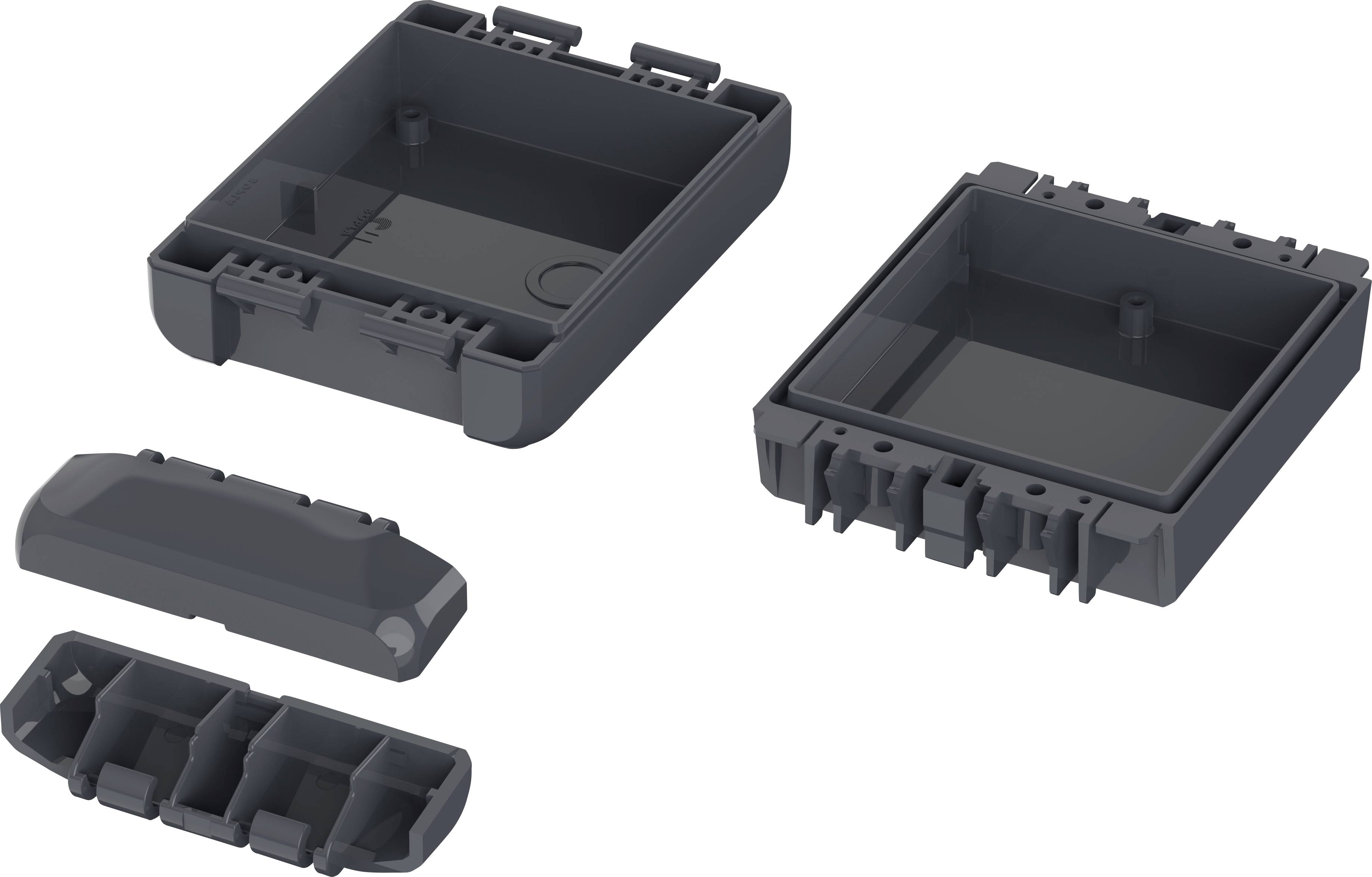 Four-part plastic casing in dark grey, opened up and dismantled into individual components. Reveals the interior and mounting structure.