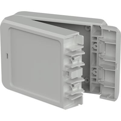 Grey, rectangular plastic housing, partially open, shows mounting fixtures and attachment points inside.