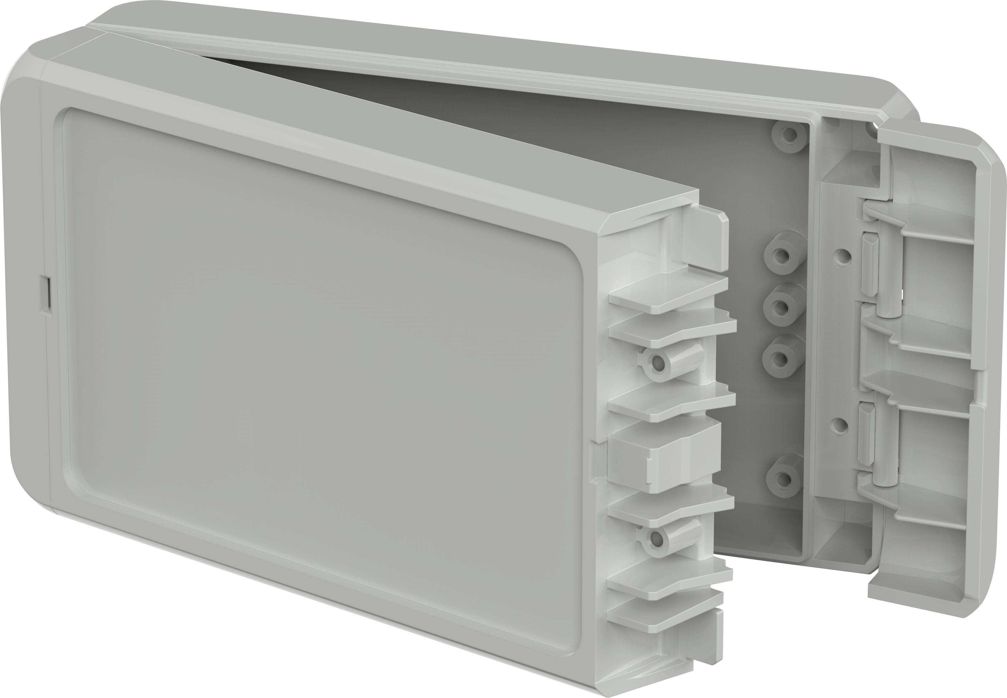 White, rectangular plastic cover, open, revealing internal supports and mounting points.