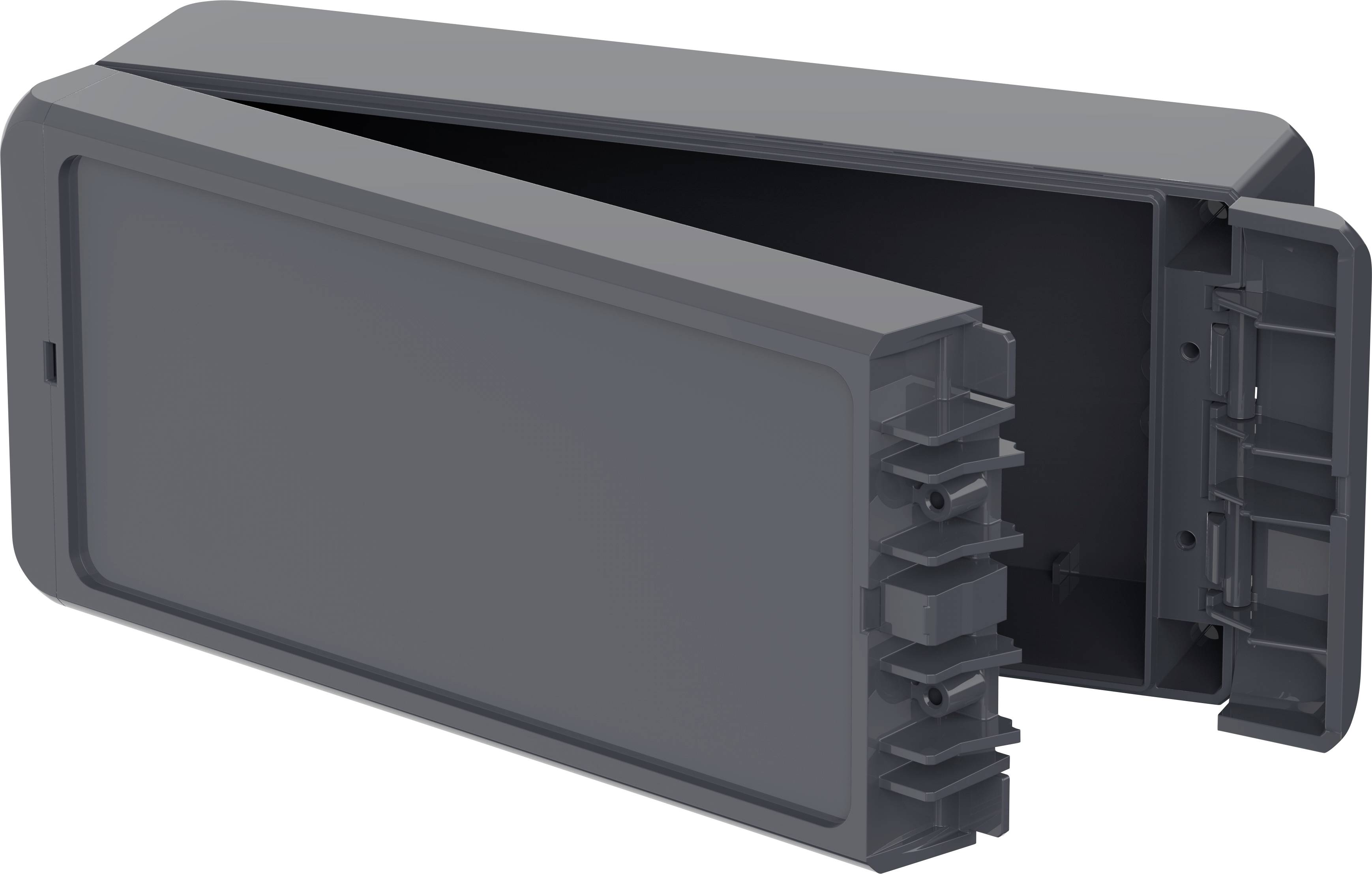 Dark grey plastic housing, oblong and opened. Suitable for housing and protecting electrical/electronic components.