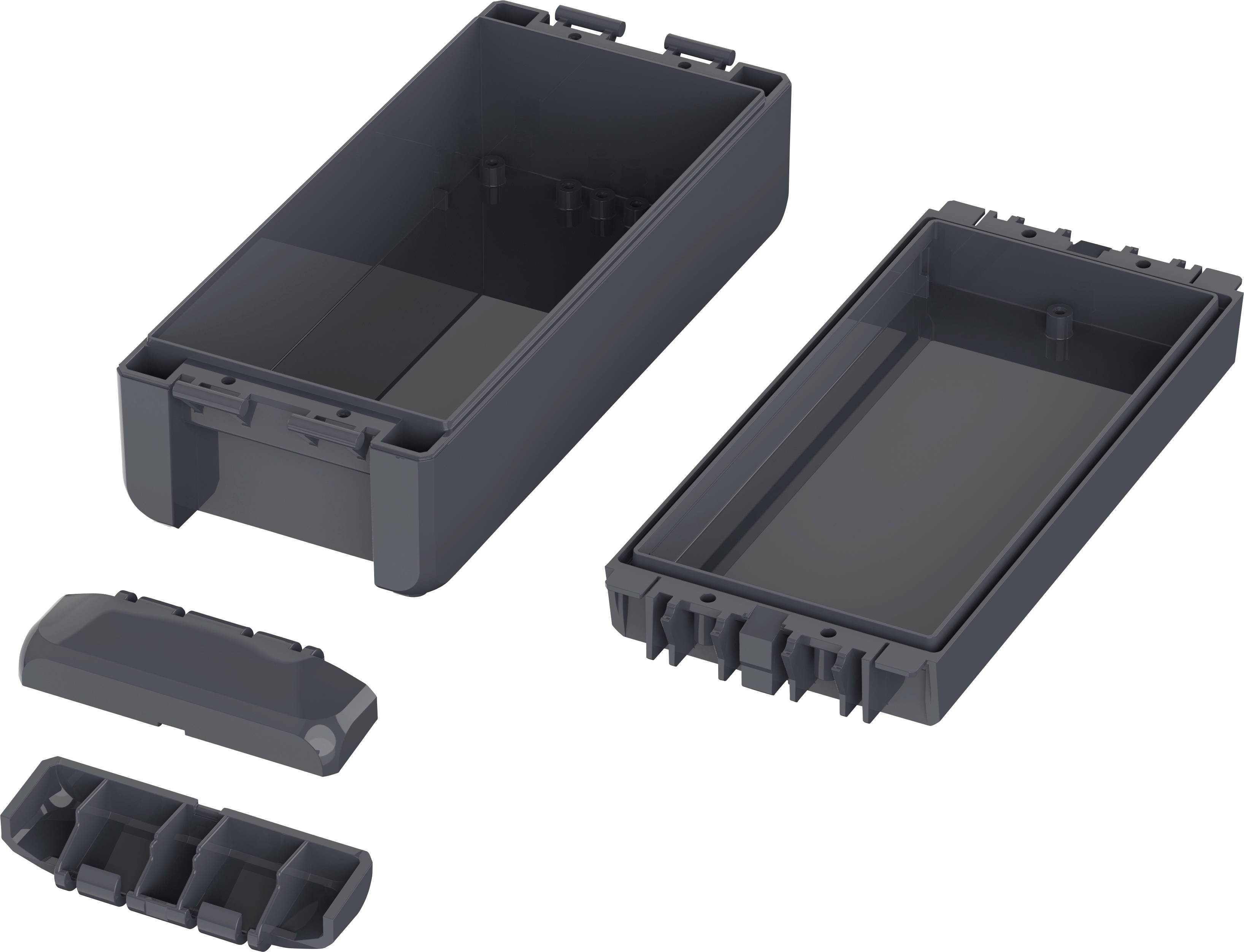 A rectangular, dark grey enclosure kit in individual components: main body, lid, and additional mounting components.