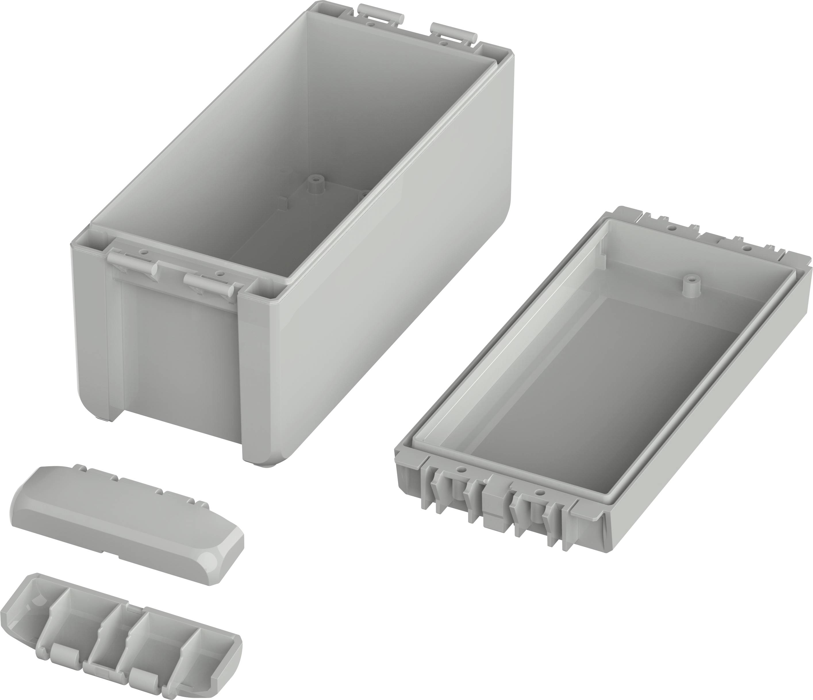 Grey connector box with removed lid, side view. Internal divisions are also visible.