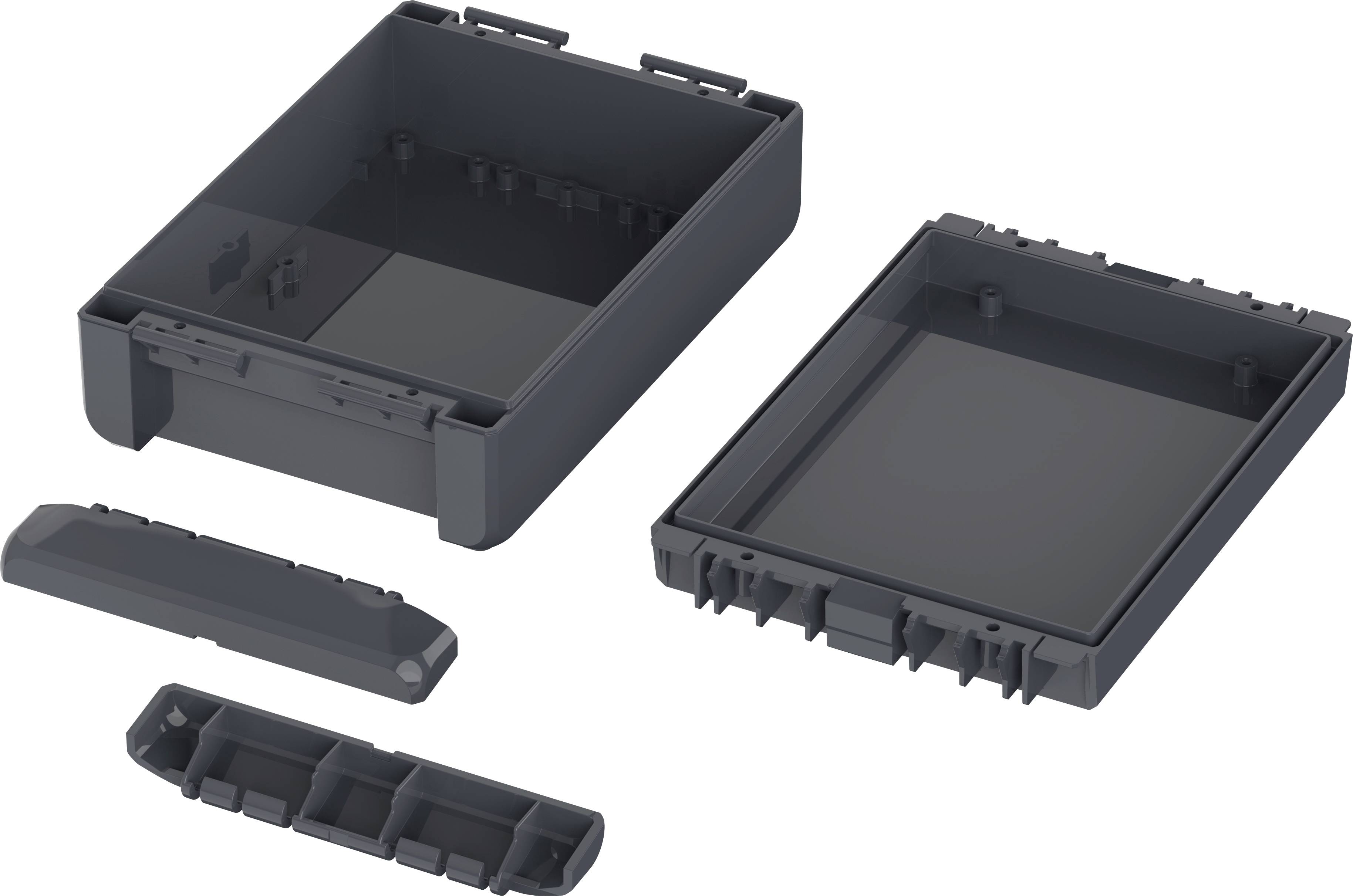 Black plastic casing dismantled into four individual components, including lid, base, and two smaller parts.