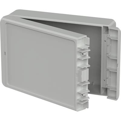 Grey plastic box with open lid.