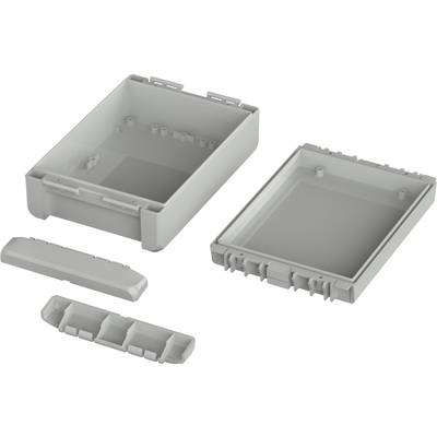 Grey plastic enclosure, opened to reveal two parts showing internal compartments and clips, suitable for electronic components.