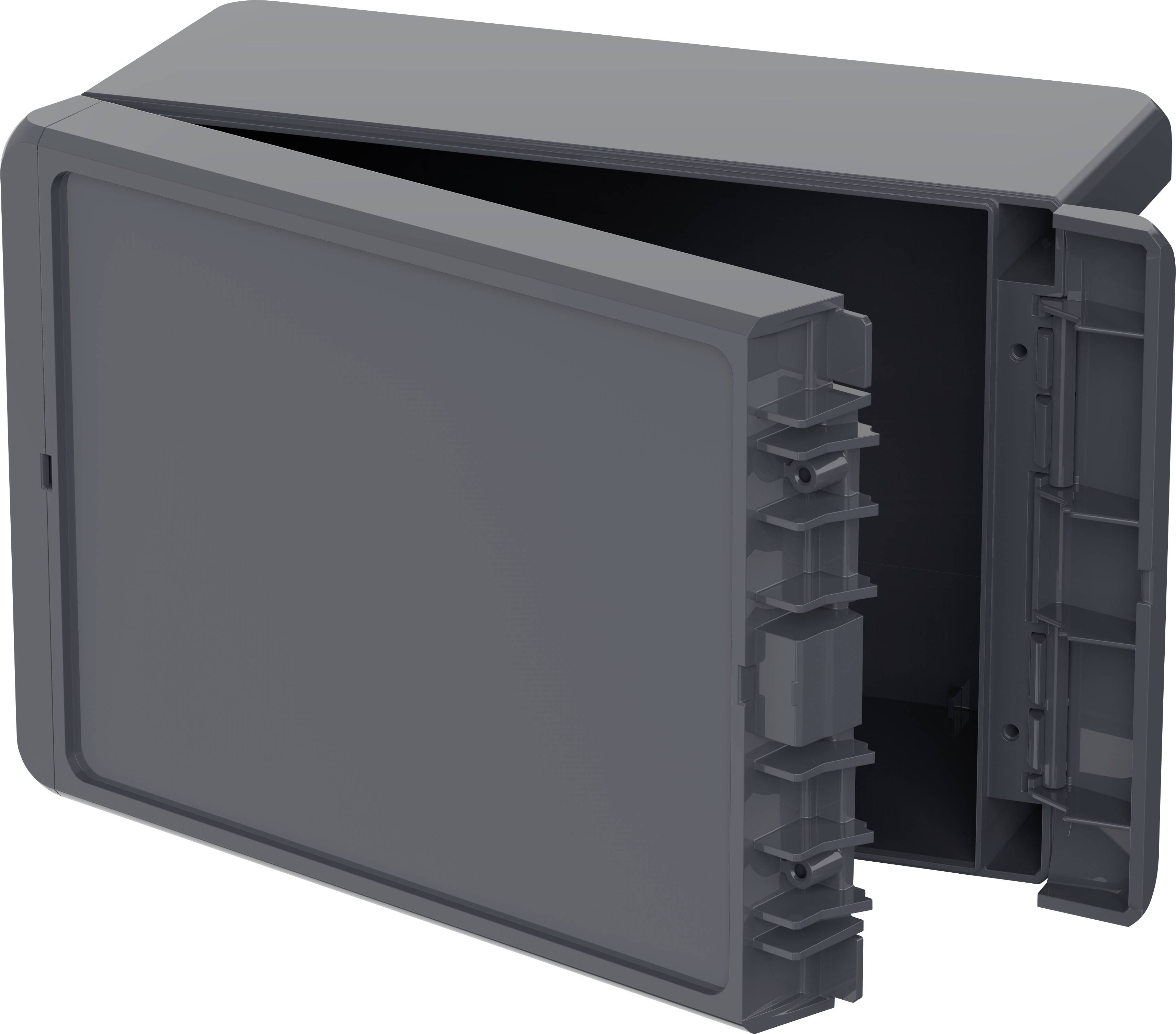 Grey housing with an open cover, revealing a structured interior for electronic components.