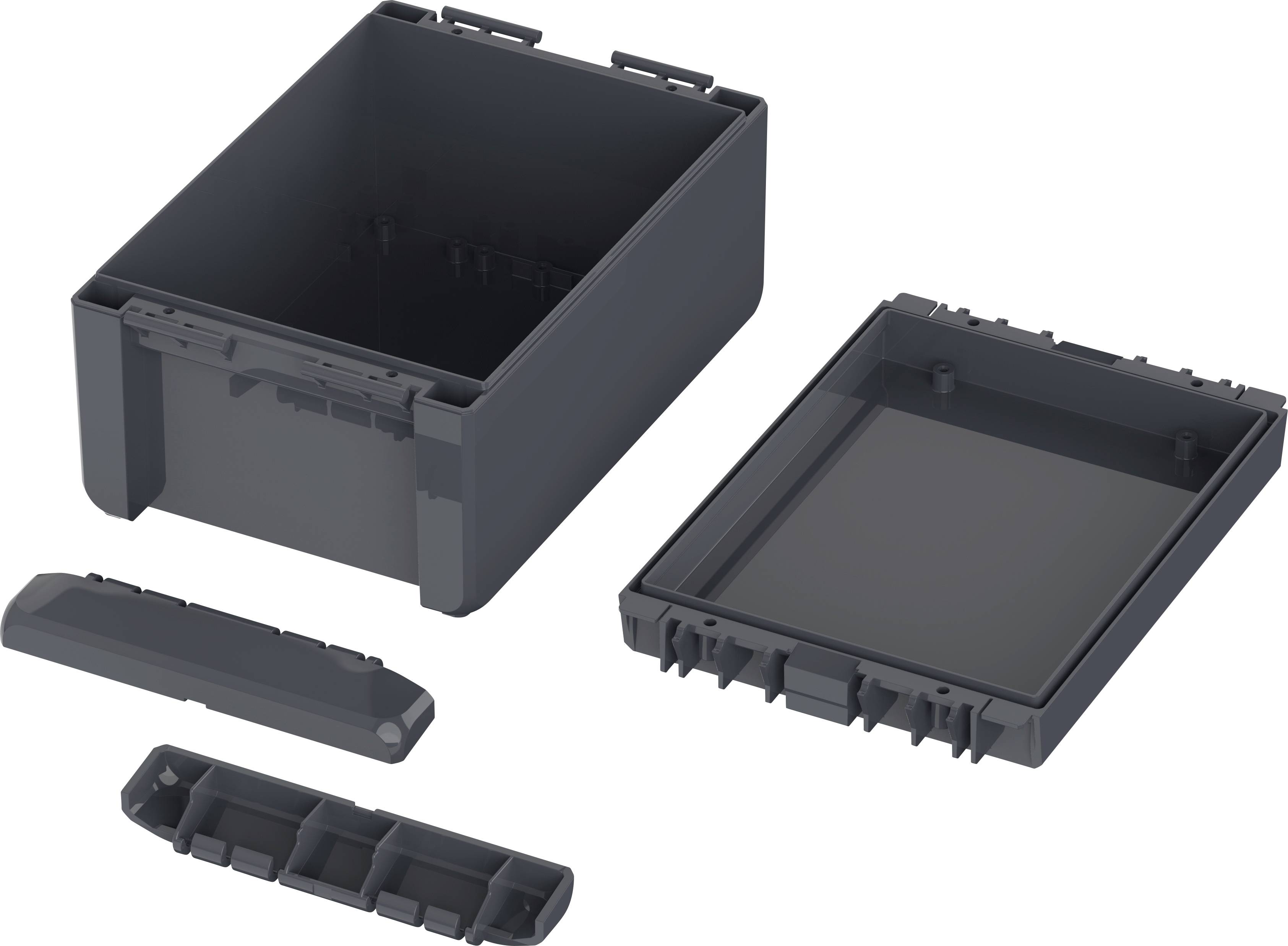 A dark plastic box, consisting of a main body and a separately placed lid, along with two smaller removable parts.