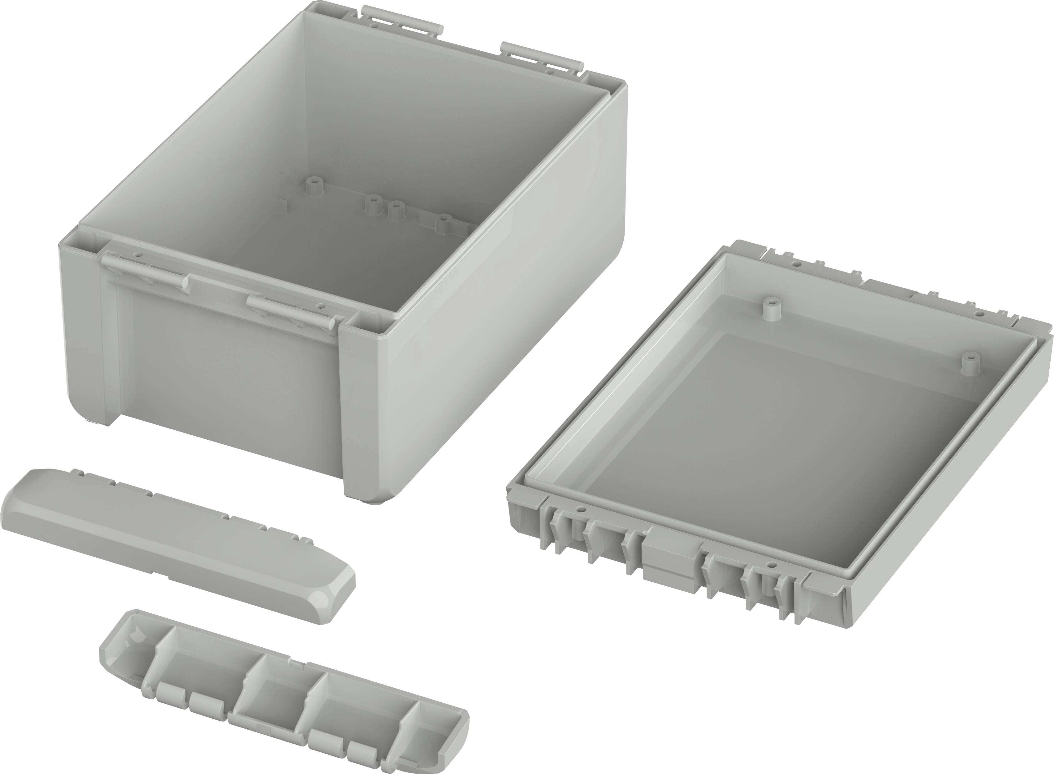 Grey plastic enclosure in four parts: main body, lid, and two smaller covers. Suitable for electronic components.