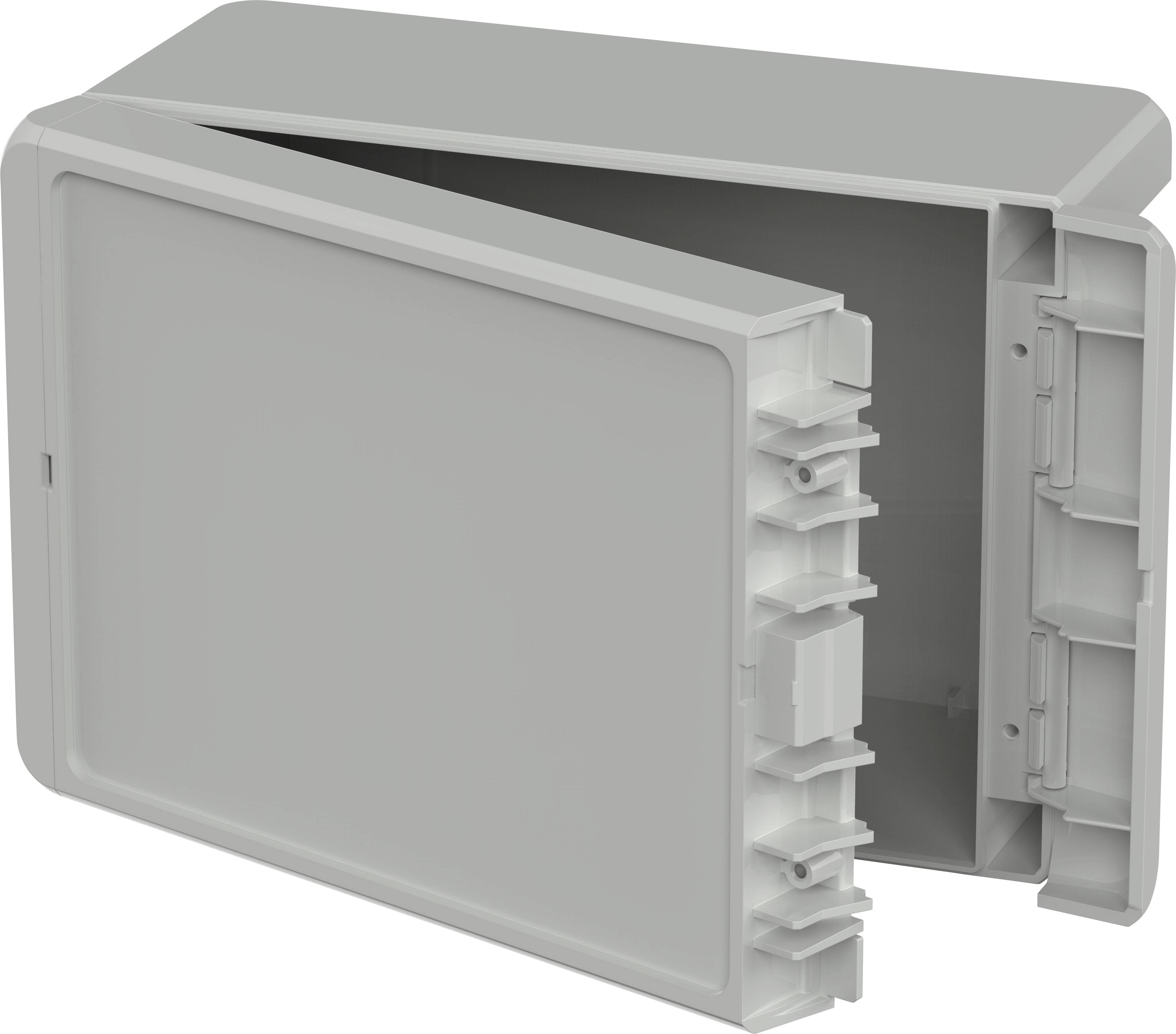 A grey, rectangular plastic case with a slightly open lid, revealing interior compartments for storage.