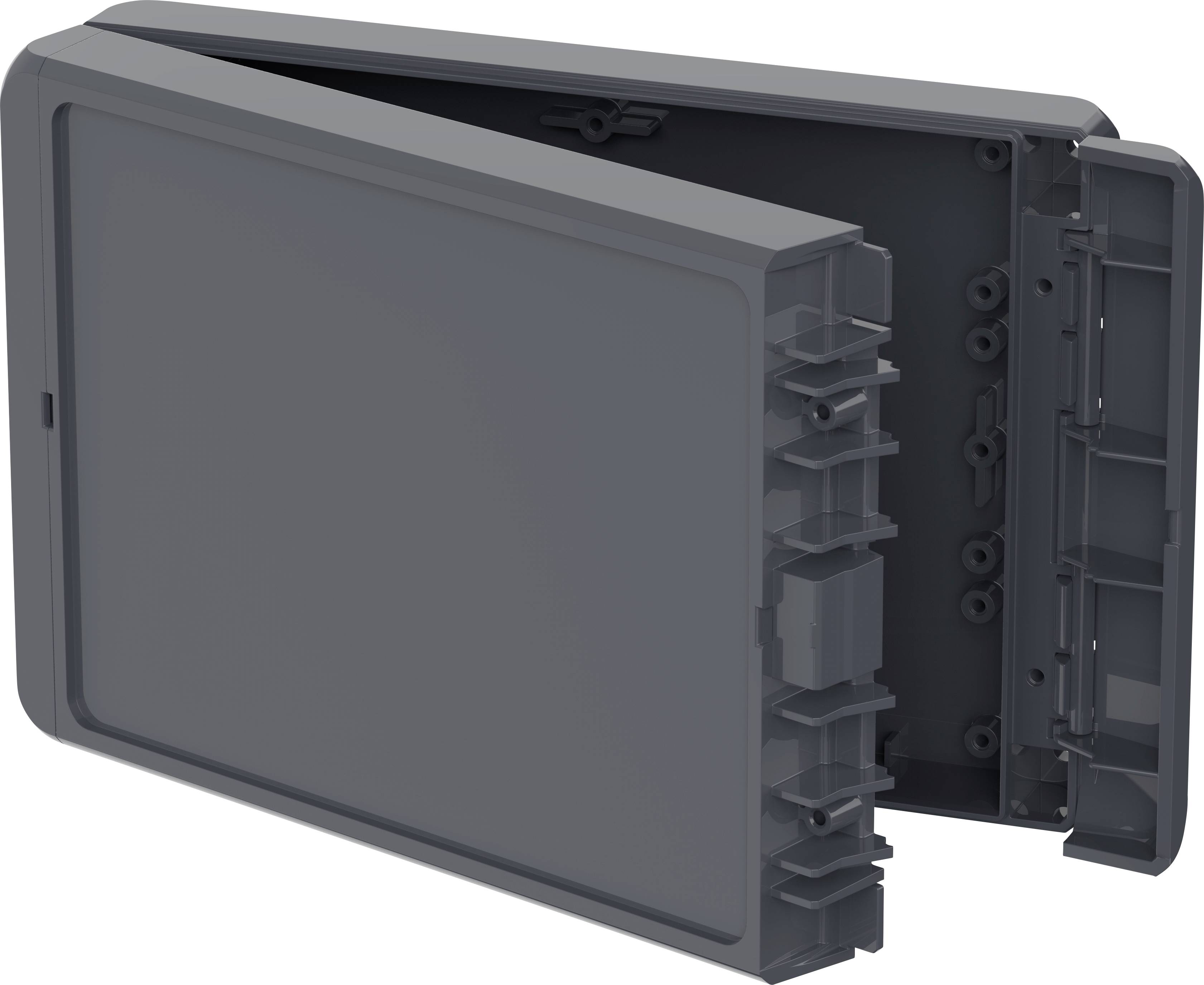 Electronic device with a foldable casing in a dark colour. Visible connectors and mountings on the inner side.