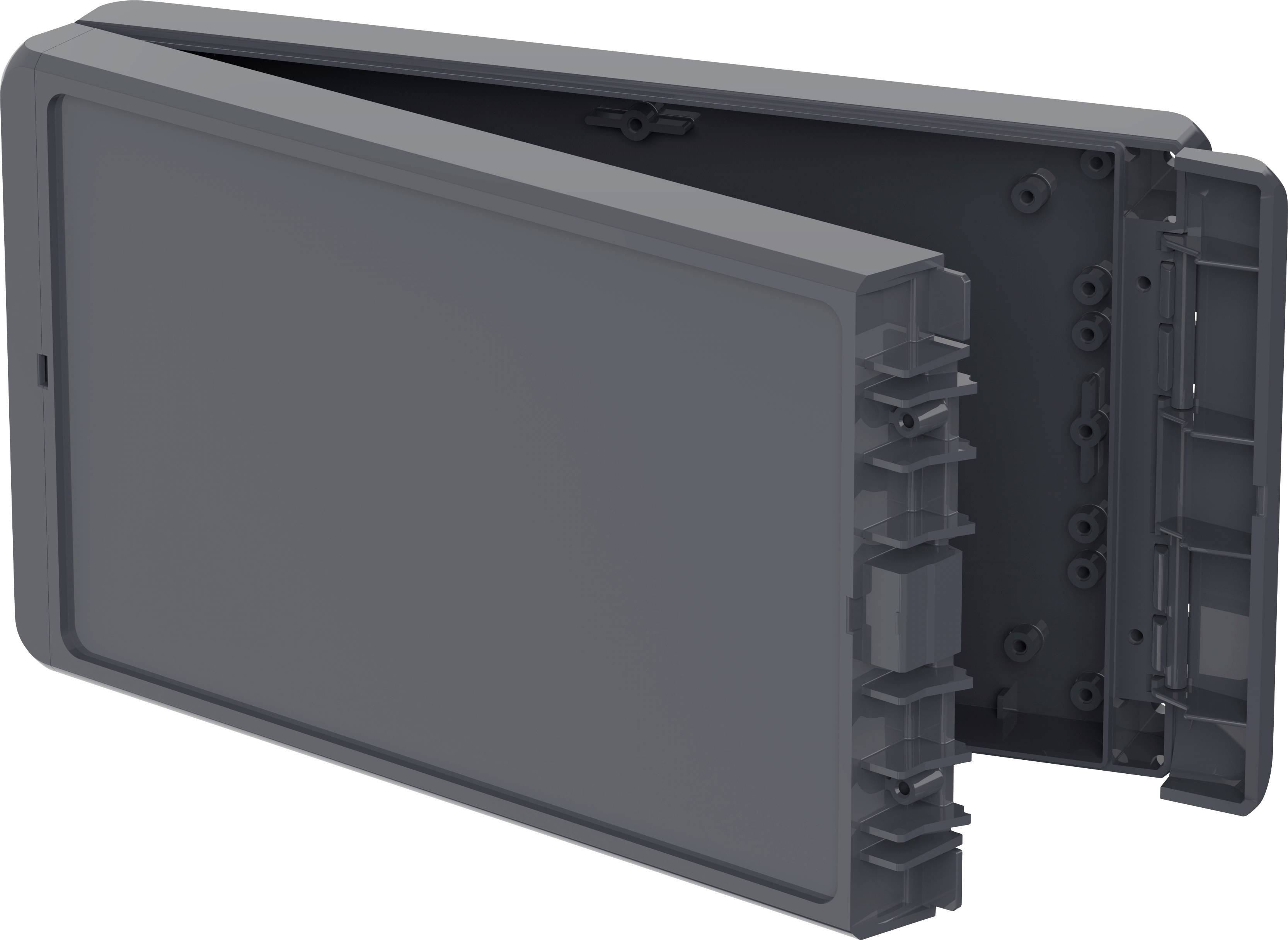 Open, rectangular, grey plastic enclosure. Ideal for protecting electronic components.