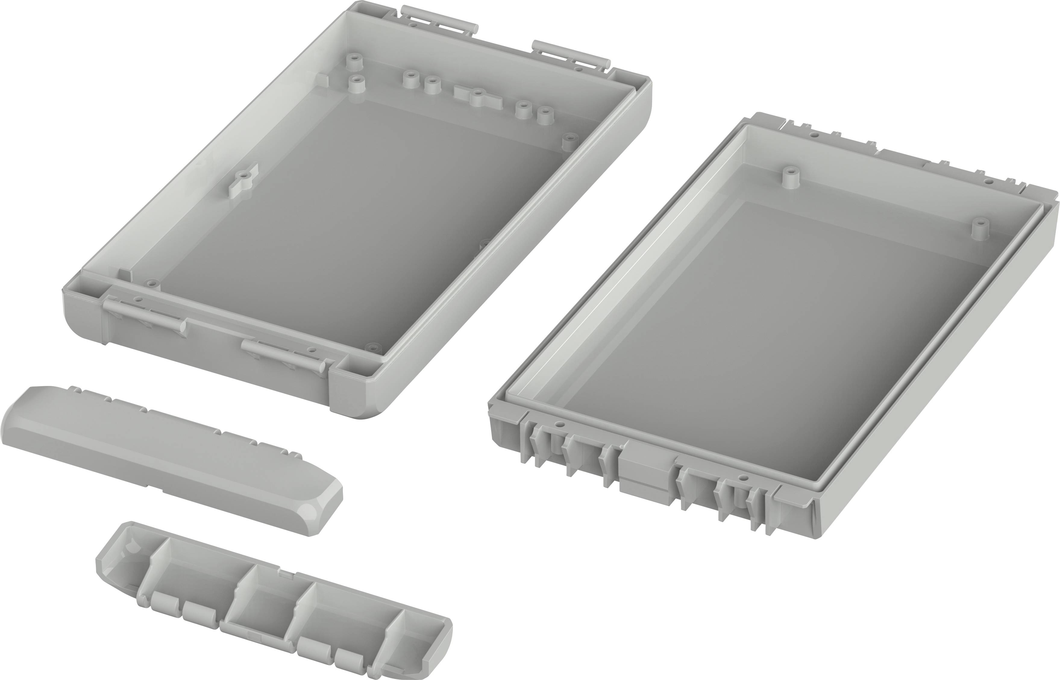 An opened, rectangular plastic enclosure with two main parts and a cover, suitable for electronic components or circuits.