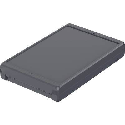 A black, rectangular portable hard drive lies slightly tilted on a white surface.
