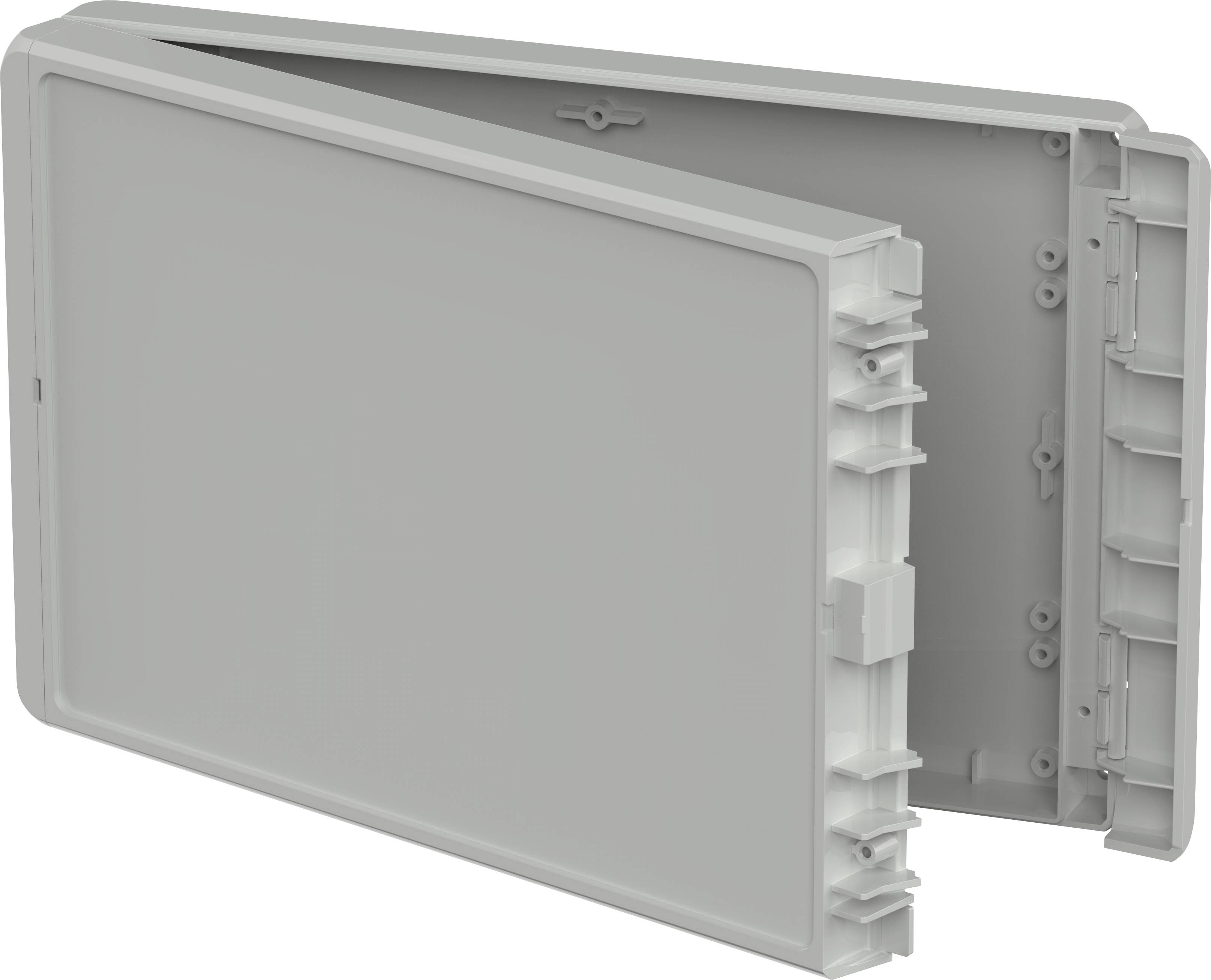 Grey plastic enclosure, rectangular, slightly open. Suitable for electrical or electronic applications.