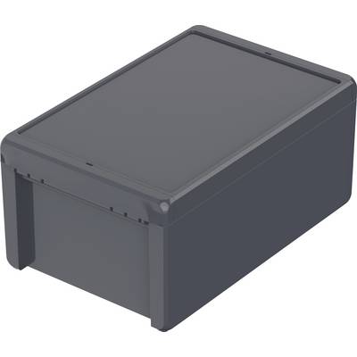 A rectangular, dark grey plastic box with a removable lid, suitable for storing small items or electronics.