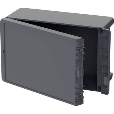 Grey, rectangular enclosure with a hinged lid. It has several mounting points on the sides.
