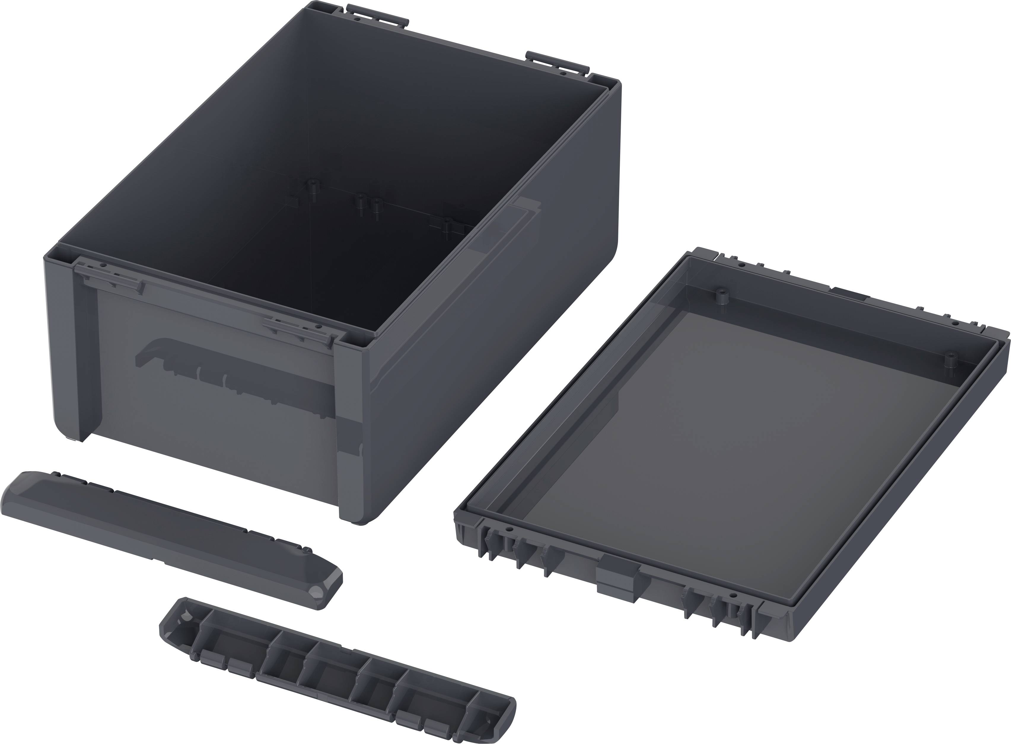 'Black plastic box with removable lid, suggested handle and internal divider, shown in individual components.'