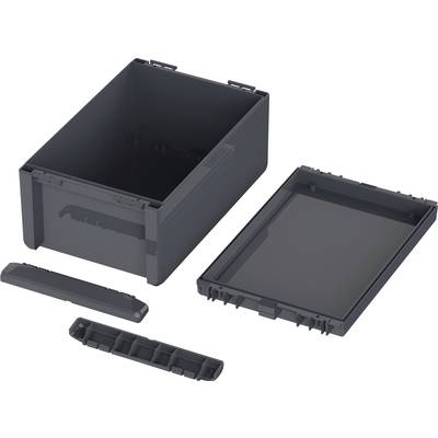 'Black plastic box with removable lid, suggested handle and internal divider, shown in individual components.'