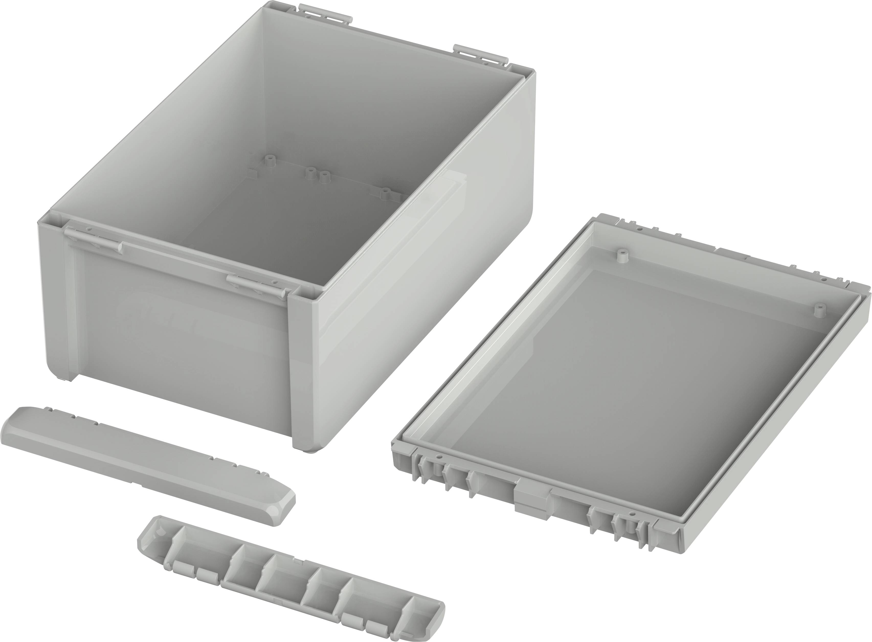 Grey plastic storage box with removable lid, side handle, and insert for organisation. Used for storage purposes.