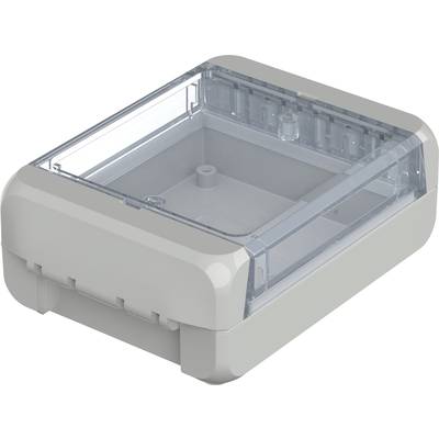 A grey plastic enclosure with a transparent lid, suitable for protecting electronic components.