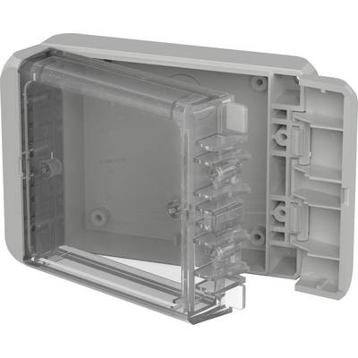 Electrical distribution board made of grey plastic with a transparent lid, open and with no visible wiring.