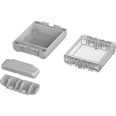 Parts of a grey, rectangular plastic housing are shown in an exploded view, depicting internal and external elements.