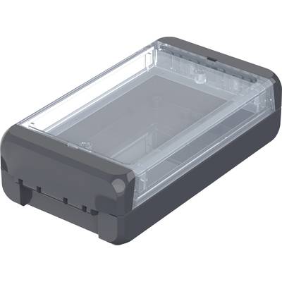 A grey rectangular plastic enclosure with a transparent lid, used for storing or protecting devices.