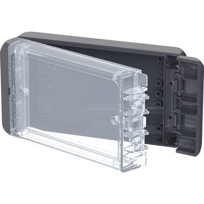 Transparent plastic enclosure, partially opened, showing an interior view with mounting options, suitable for electronic components.