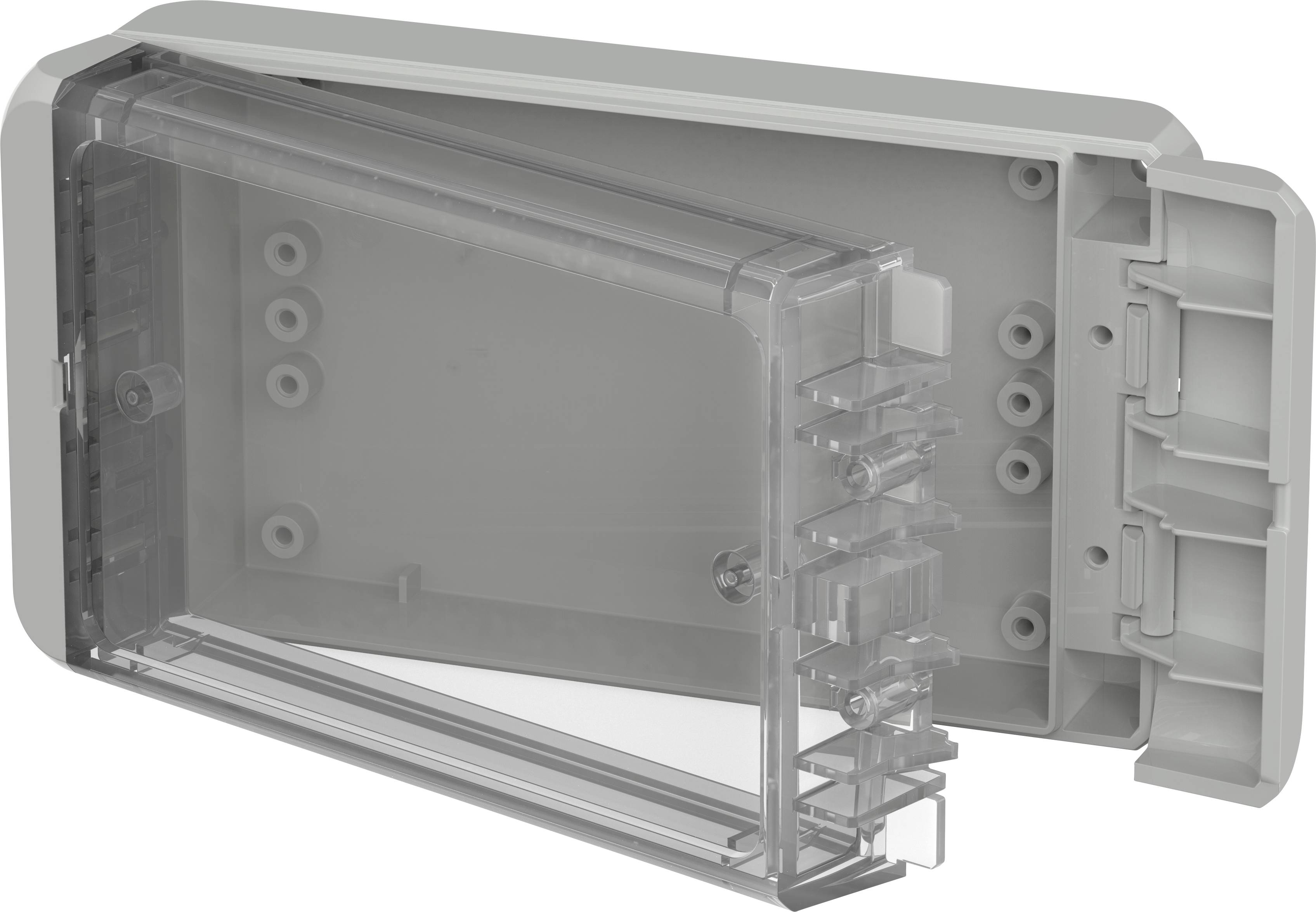Grey-translucent protective cover for electronic wall-mounted devices, open, showing hinges and mounting holes on the right side.